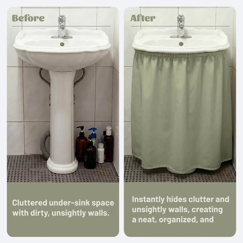 Decorative Bathroom Sink Skirt Sage Green Self Adhesive Waterproof Fabric Cabinet Apron No Sweat Setup To Easily Hide Scuffed Pipes And Totally Transform Your Pedestal Vanity With Chic Casual Vibes