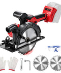 Badass Six Point Five Inch Cordless Circular Saw With Brushless Bldc Motor 1100 Watt 6200 Rpm showing blade, accessories, and safety gear.