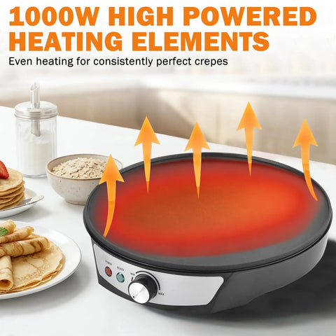 12 Inch Electric Crepe Maker With Nonstick Surface, Adjustable Temperature Control, showing even heating for perfect crepes