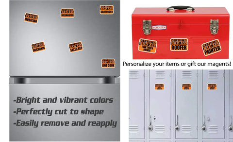 Certified warning magnets on fridge, toolbox, and lockers. Welding Enthusiast Magnetic Pack For Fridge And Locker Colorful Magnetic Labels