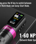 Close-up of LCD display on Wireless Tattoo Gun Kit With 2300mAh Batteries, showing settings and mode options, black and pink design.