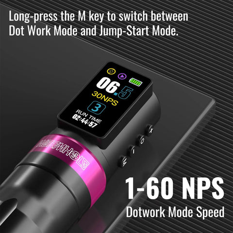 Close-up of LCD display on Wireless Tattoo Gun Kit With 2300mAh Batteries, showing settings and mode options, black and pink design.