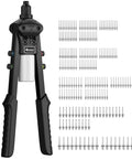 Beefy Heavy Duty 1/4 Inch Rivet Gun Kit with 200 Blind Rivets, 5 Nosepieces, two-hand pop rivet tool for DIY enthusiasts.