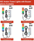 Triple Stack LED Andon Tower Light With Buzzer 24VDC Red Yellow Green Signal Lights Off On 32.8ft Extension Cord options shown