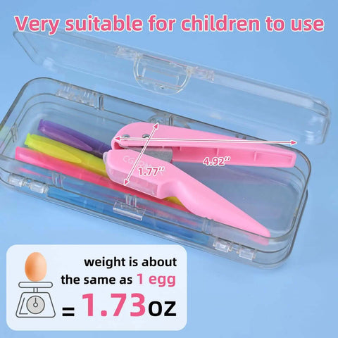 Lightweight Pink One Quarter Inch Hole Punch for paper cards in a clear case, suitable for children, weighing 1.73 oz like an egg.