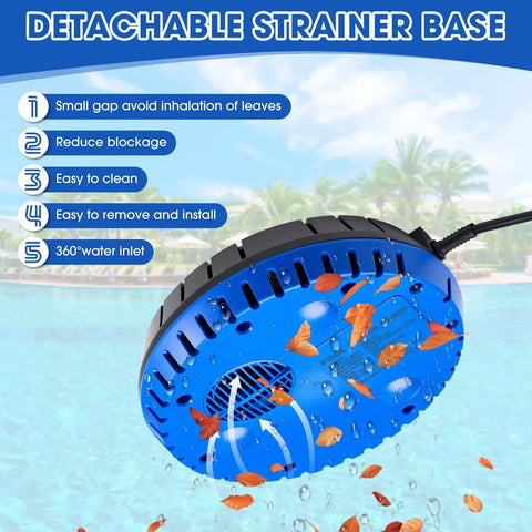 Detachable strainer base of Top Tier Automatic Pool Cover Pump With 1500 GPH Oomph And Smart Water Level Shutoff, blue design.