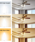 Comparison of light effects with 5000K bright daylight, 4000K natural daylight, and 2700K warm white in ceiling fan lighting.