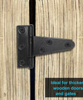 2 Inch T Strap Hinges Six Pack Heavy Duty Black Carbon Steel With Screws Installed on Wooden Gate