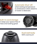 Close-up of 1.7L Electric Kettle With No Fuss Fast Boil BPA Free Auto Shutoff Boil Dry Protection 360 Degree Swivel Cordless Base