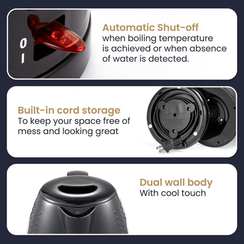 Close-up of 1.7L Electric Kettle With No Fuss Fast Boil BPA Free Auto Shutoff Boil Dry Protection 360 Degree Swivel Cordless Base