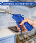 Hand holding a dark blue air blow gun, part of the Eight Piece Air Blow Gun Set With Pistol Grip For Air Compressors Industrial And Home Cleaning Tool Kit Hard To Reach Dust Remover Nozzles Durable Iron Barrel And POM Handle In Dark Blue.