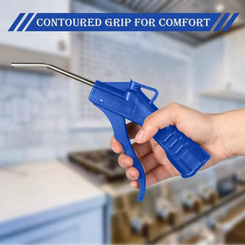 Hand holding a dark blue air blow gun, part of the Eight Piece Air Blow Gun Set With Pistol Grip For Air Compressors Industrial And Home Cleaning Tool Kit Hard To Reach Dust Remover Nozzles Durable Iron Barrel And POM Handle In Dark Blue.