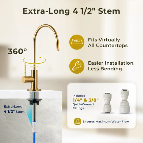 iSpring GA1-G Drinking Water Faucet, Brushed Gold, Lead-Free Brass with 360° movement and extra-long 4 1/2" stem.