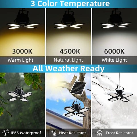 Four Head Solar Pendant Lights With Motion Sensor showing three color modes, mounted in various weather conditions.