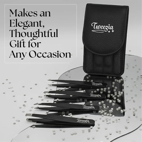 Stainless Steel Precision Tweezer Set With Mirror Case Four Piece Kit Includes Classic, Slanted, And Pointed Tips For Fine Grips