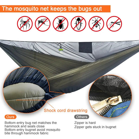 Double Camping Hammock With Mosquito Net Ridgeline And Straps 11Ft Lightweight Nylon Ripstop 500lb Capacity mosquito net detail