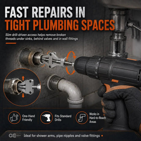 Heavy Duty Drill Powered Broken Pipe Thread Extractor And Three In One Bolt Remover Tool With Hex Shank Fits Impact Drives For Fast Plumbing Repairs On Job Sites in tight sink plumbing
