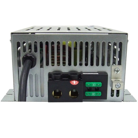 Back view of High Performance Low Noise Power Supply With Regulated Output Wide 108 To 132 Volts AC Range 47 To 63 Hz Automatic Low Voltage Shutdown Smart Standby Battery Charger Maintainer Controller Optional Three Stage IQ4 Module UL Listed showing connectors and fuse.