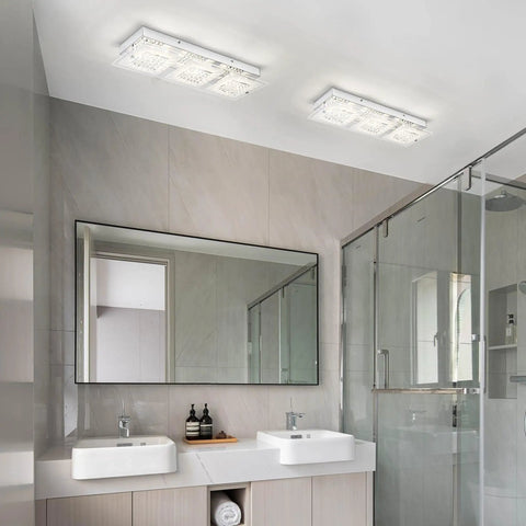 Crystal Rectangle Ceiling Light Fixture Flush Mount LED in modern bathroom, sparkling accents, dimmable 18W, 4000K bright white glow.