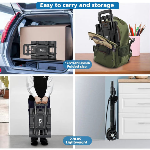 JMFOLD folding hand truck dolly with 2 wheels, black steel; compact luggage cart for travel and moving