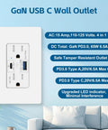 Heavy Duty 65W Usb C Wall Outlet Featuring Pd 3.0 Fast Charging And Type A Quick Power, 15 Amp Receptacle Built For The Daily Grind, Ul Approved, Includes Decorator Covers, 10 Pack - GaN powered PD3.0 with USB ports.
