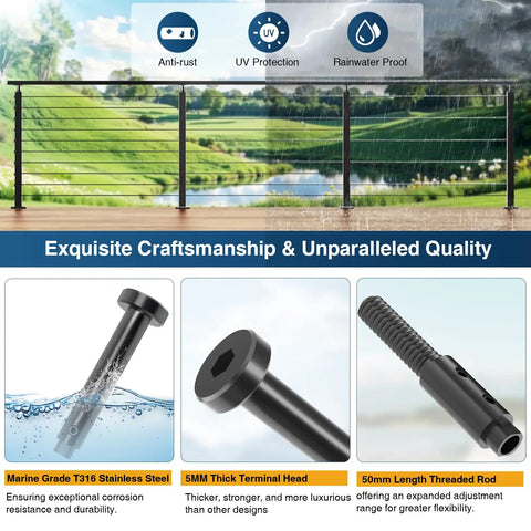 20 Pack Black Swageless Invisible Cable Railing Kit With T316 Stainless Steel Reusable Fittings for outdoor use on 2x2 metal posts