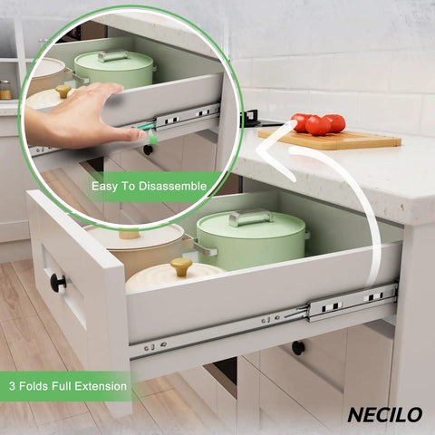 14 Inch Stainless Steel Soft Close Drawer Slides Dope Quality With 100 Pound Capacity Full Extension Ball Bearing Side Mount Cabinet Runners Replacement Slides For Kitchen Dresser Home And Office Pair displayed in kitchen drawer installation, showing easy disassembly.