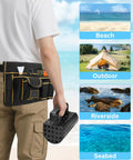 Person holding finds bag and scoop, Stainless Steel Metal Detecting Shovel Kit with Foldable Beach Sand Scoop for Treasure Hunting