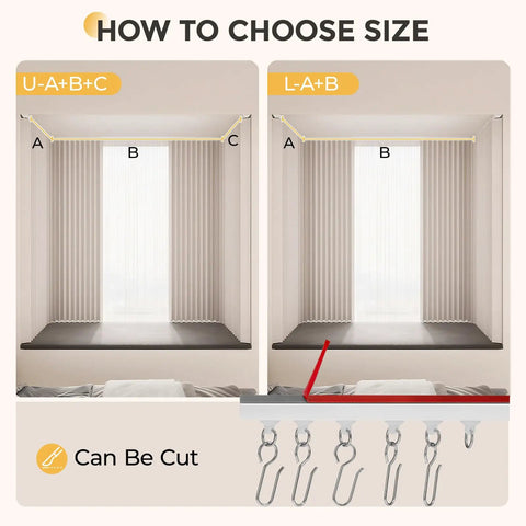 No Drill Self Adhesive Curtain Track For Ceiling Or Wall Mount 5.4 Feet Long Unbendable And Cuttable Supports Up To 18 Pounds Lightweight Durable Plastic Ideal For RV Windows Living Room Bedroom Curtains shown with size guide and cuttable track