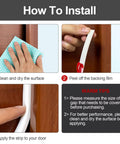 Silicone door weather stripping, 19.7 ft, self-adhesive; install by cleaning surface, peeling backing, applying strip.