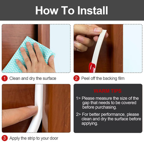 Silicone door weather stripping, 19.7 ft, self-adhesive; install by cleaning surface, peeling backing, applying strip.