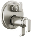 Top Drawer Brushed Nickel Shower Diverter Valve Trim Kit With Six Setting Integrated Controls Plus Pressure Balanced Cartridge For A Smooth Bathroom Upgrade Rough In Sold Separately close-up view of dual handle diverter trim