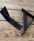 Rock Solid Floating Shelf Brackets Heavy Duty Tripod Wall Supports That Hold Up Like Champs Slick Black Iron Rack Mounts close-up view.