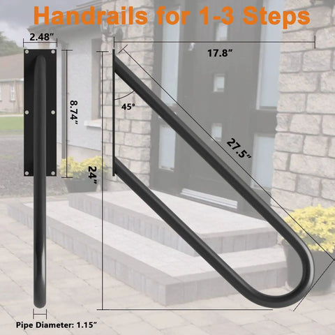 2 Pack 27.5 Inch Black Stair Handrails For 1 To 3 Steps Outdoor And Indoor Wall Mounted Grab Bar with dimensions chart