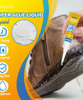 Applying All Purpose Cyanoacrylate Glue Quick Dry Instant Bond 24 Pack 3g Tubes With Fine Tip to a brown leather shoe sole