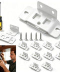 Heavy Duty Stainless Steel Furniture Corner Brackets Set For Quick Fitting L Shape Joints With Screws For Drawers Cabinets And Tables White Finish 10 Pack Built To Last No Fuss Easy To Install, image showing 10 white L shape corner brackets and screws, with a person installing bracket in a cabinet with a screwdriver.