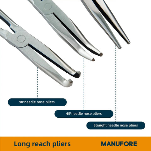 11 Inch Long Reach Needle Nose Pliers Three Piece Set With Straight 45 Degree Bent And 90 Degree Bent Heads For Electrical Repair And DIY Projects Pro Grade Heavy Duty Carbon Steel Hand Tools Kit
