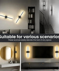 Rock Solid Rechargeable Wall Lights With 10000 Mah Battery running thirty to fifty hours on single charge, black aluminum sconces in various indoor settings.
