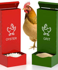 Heavy Duty Metal Chicken Feeder And Oyster Shell Dispenser in red and green, ideal for poultry flocks, durable design.