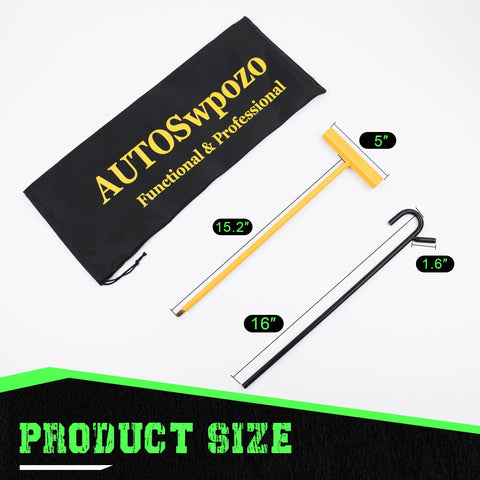 Fifth Wheel Pin Puller 32 Inch Heavy Duty Solid Steel Chrome Plated With Hook For Easy Fifth Wheel Lock Release And Pin Extraction On Trailers Built Rugged For Quick One Person Operation No Crawling Under The Trailer, with storage bag and size details