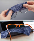 Blue paisley microfiber cleaning cloth for glasses and lenses; 6 x 6 inches, reusable.