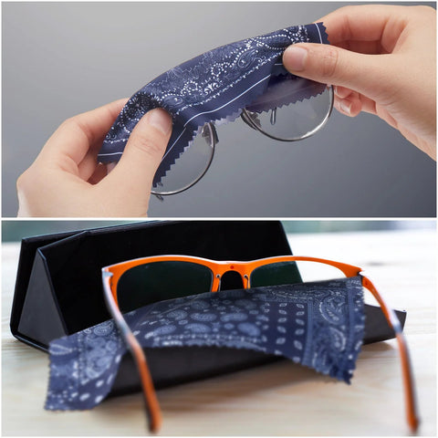 Blue paisley microfiber cleaning cloth for glasses and lenses; 6 x 6 inches, reusable.