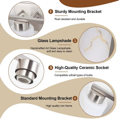 Heavy Duty 3 Light Bathroom Vanity Lights Brushed Nickel Wall Sconce with glass lampshade, sturdy mounting bracket and ceramic socket.