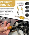 16 Piece Car AC Valve Core Kit For R12 R134A Systems, High And Low Pressure AC Repair Tool With Valve Core Seals Caps shown in use