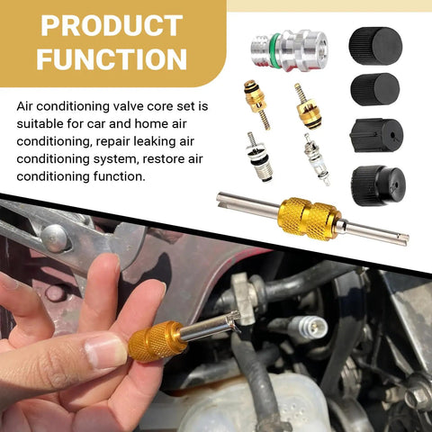 16 Piece Car AC Valve Core Kit For R12 R134A Systems, High And Low Pressure AC Repair Tool With Valve Core Seals Caps shown in use