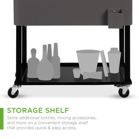 Outdoor 80 Quart Steel Rolling Cooler Cart With Ice Chest Bottle Opener Drain Plug And Locking Wheels Party Ready On The Go showing storage shelf with bottle silhouettes