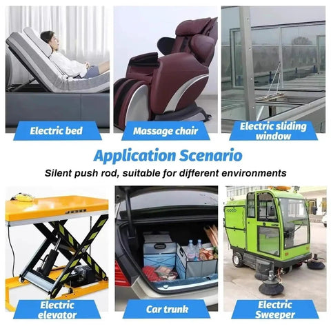 Various applications of IP68 Waterproof Linear Actuator Heavy Duty Electric Push Rod 12V And 24V in electric bed, massage chair, sliding window, elevator, car trunk, and sweeper.
