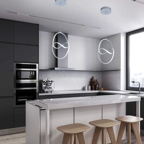 Lit Modern LED Pendant Light With Irregular Ring Design, 6000K Cool White, 33W 1980lm Not Dimmable in sleek kitchen setup