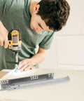 Heavy Duty Drawer Slides 2 Pack With Thick Cold Rolled Steel Rails, No Squeak Damping Buffer, High Load Bearing For Cabinets And Dressers, Easy Install, Smooth Quiet Sliding For Kitchen Cabinets And Home Furniture, man drilling slide rail