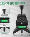 Anblak pipe center finder with magnetic centering head, black Y-shaped body and bubble level.